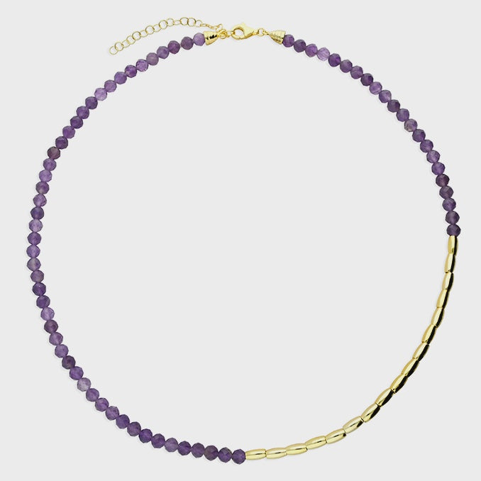 Asymmetric yellow gold-plated seed chain and natural amethyst with 41-46cm extender.