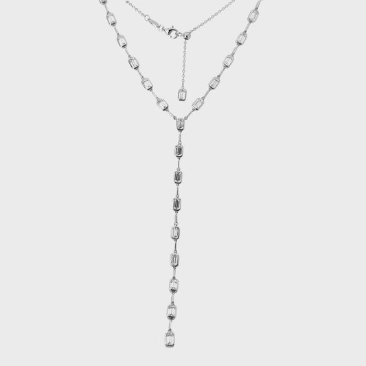 Lariat Silver Necklace with Multi Emerald Cut CZ Stones