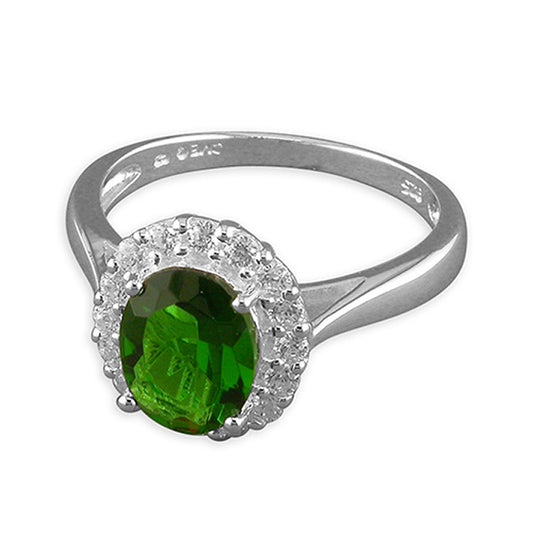 Sterling Silver Oval Cluster Ring with Green Stone