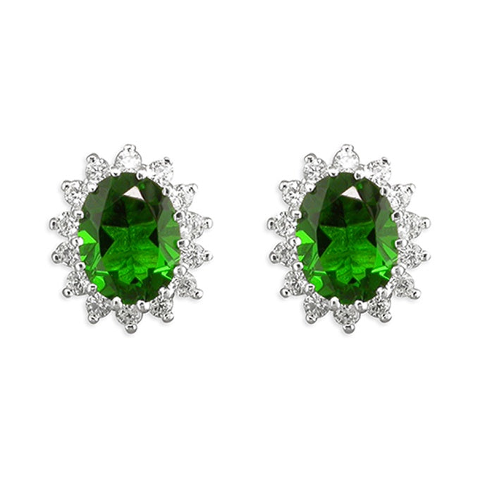 Sterling Silver Oval Cluster Earrings with Green Stone