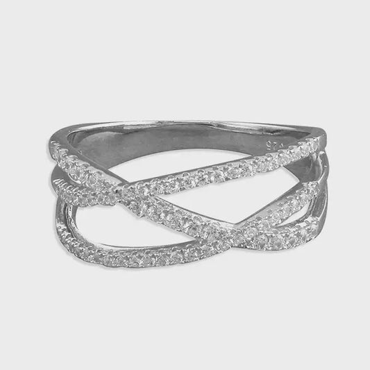 Sterling Silver Ring Triple-Band with Cubic Zirconia Crossover RING