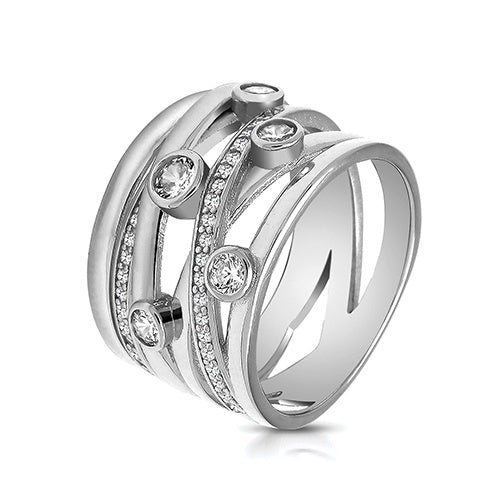 SILVER MULTI CROSSOVER GRAIN & R/O SET CZ RING RHODIUM PLATED