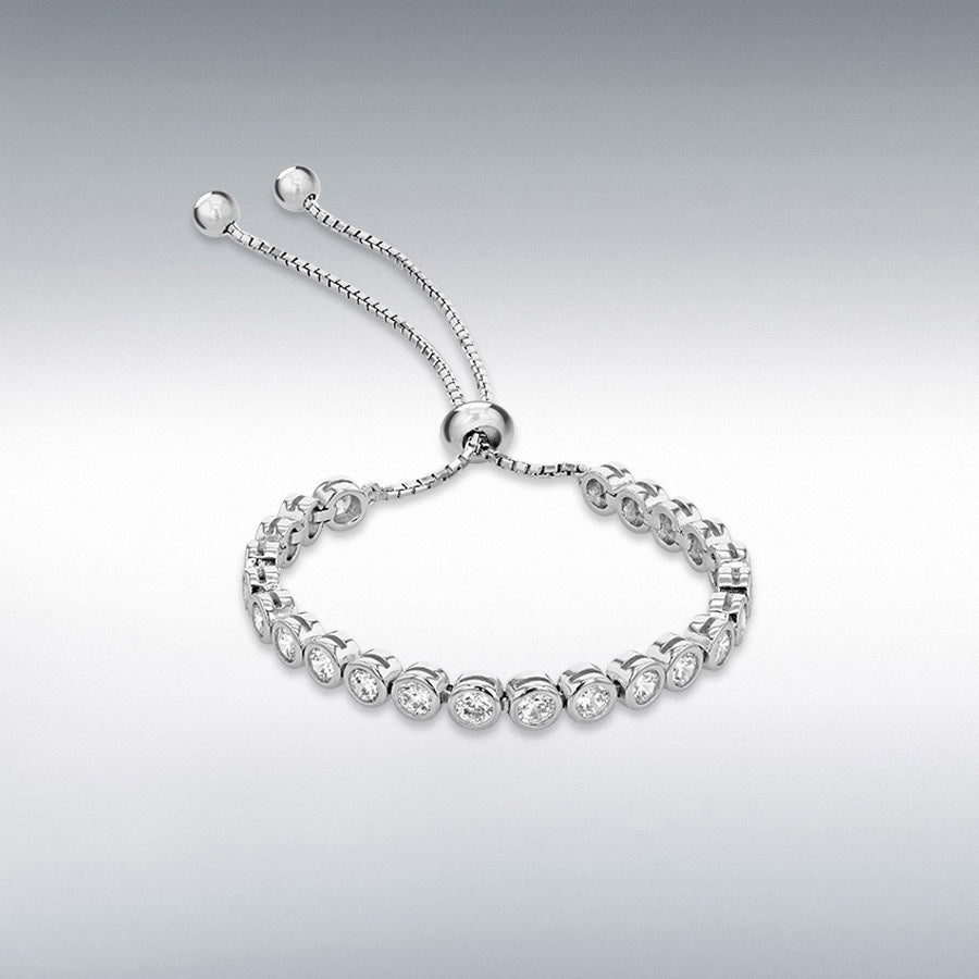Sterling Silver Rhodium Plated CZ 23-Stone Rubover Adjustable Slider Tennis Bracelet 13cm/5"-23cm/9"