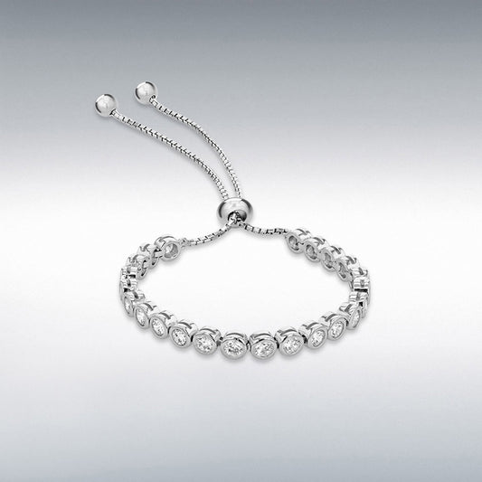 Sterling Silver Rhodium Plated CZ 23-Stone Rubover Adjustable Slider Tennis Bracelet 13cm/5"-23cm/9"