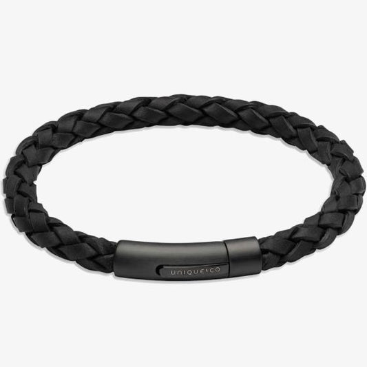 Black Leather with Black Edge, Black IP Plated Matte and Polished Steel Pusher Clasp