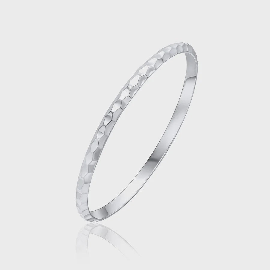 Silver 5mm D Shaped Bangle With Raised Honeycomb Pattern