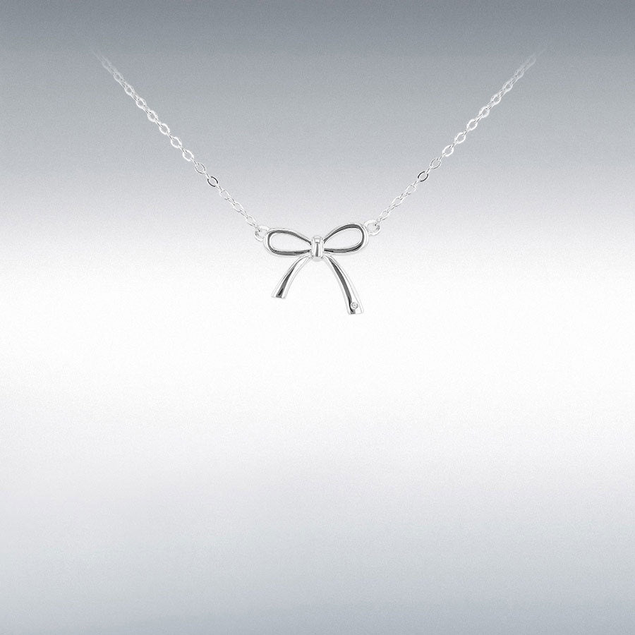 STERLING SILVER 13MM X 11.5MM BOW WITH 0.5MM ROUND WHITE DIAMOND ADJUSTABLE NECKLACE 41CM/16"-46CM/18"