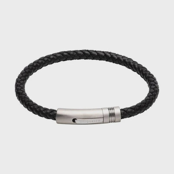Black Leatherbracelet with Matte Steel Clasp and Shiny Inlay