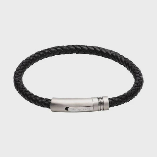 Black Leatherbracelet with Matte Steel Clasp and Shiny Inlay