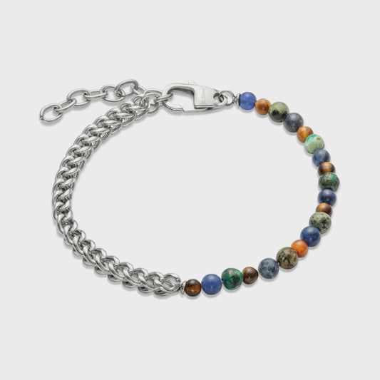 Steel Chain with Blue and Brown Tiger Eye and Amazonite Beads