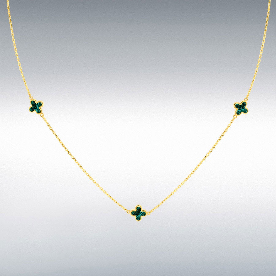 9ct Yellow Gold 3 x 6.5mm Malachite Clover Petals Necklace 41-43cm/16-17"