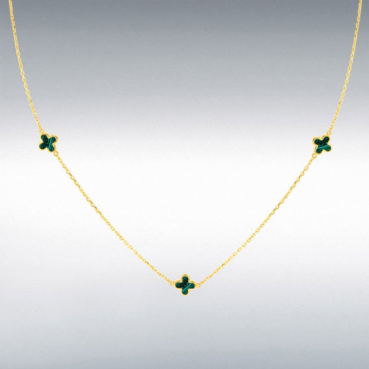 9ct Yellow Gold 3 x 6.5mm Malachite Clover Petals Necklace 41-43cm/16-17"