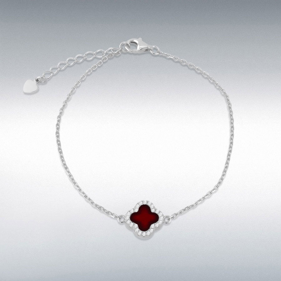 Sterling Silver Rhodium Plated 11mm Clover Red Agate and 1.1mm White CZ Adjustable Bracelet 16cm/6.25" 19cm/7.5"