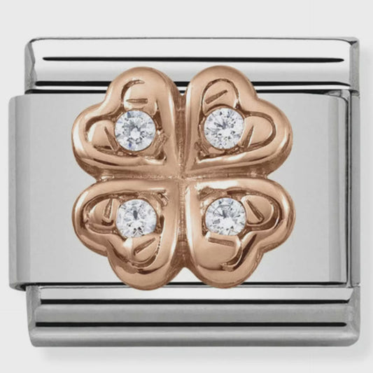 Composable Classic Symbols in stainless steel with 9k rose gold and CZ (04_Four-Leaf Clover)