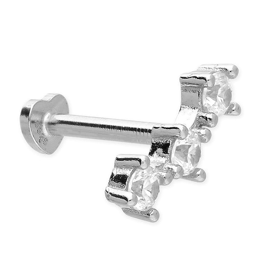 single earring, curved triple cubic zirconia labret