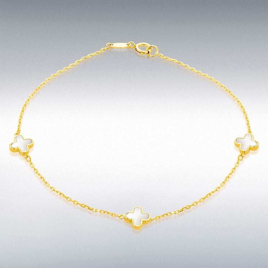 9ct Yellow Gold 3 x 6.5mm Mother of Pearls Clover Petals Bracelet 19cm/7.5"