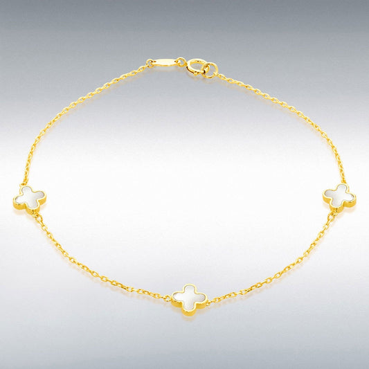 9ct Yellow Gold 3 x 6.5mm Mother of Pearls Clover Petals Bracelet 19cm/7.5"