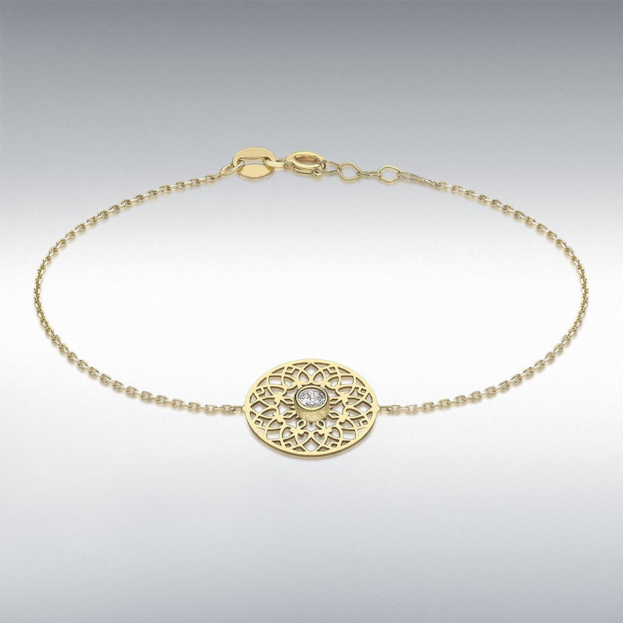 9ct Yellow Gold 2.5mm CZ 12mm Cutout-Disc Adjustable Bracelet 18cm/7"-19cm/7.5