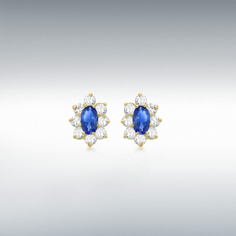 9ct Yellow Gold Oval Blue and Round White CZ 8mm x 10mm Flower Cluster Stud Earrings
