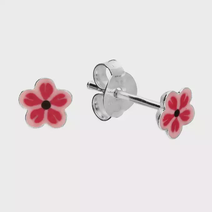 Children's tiny pink enamelled flower stud earrings