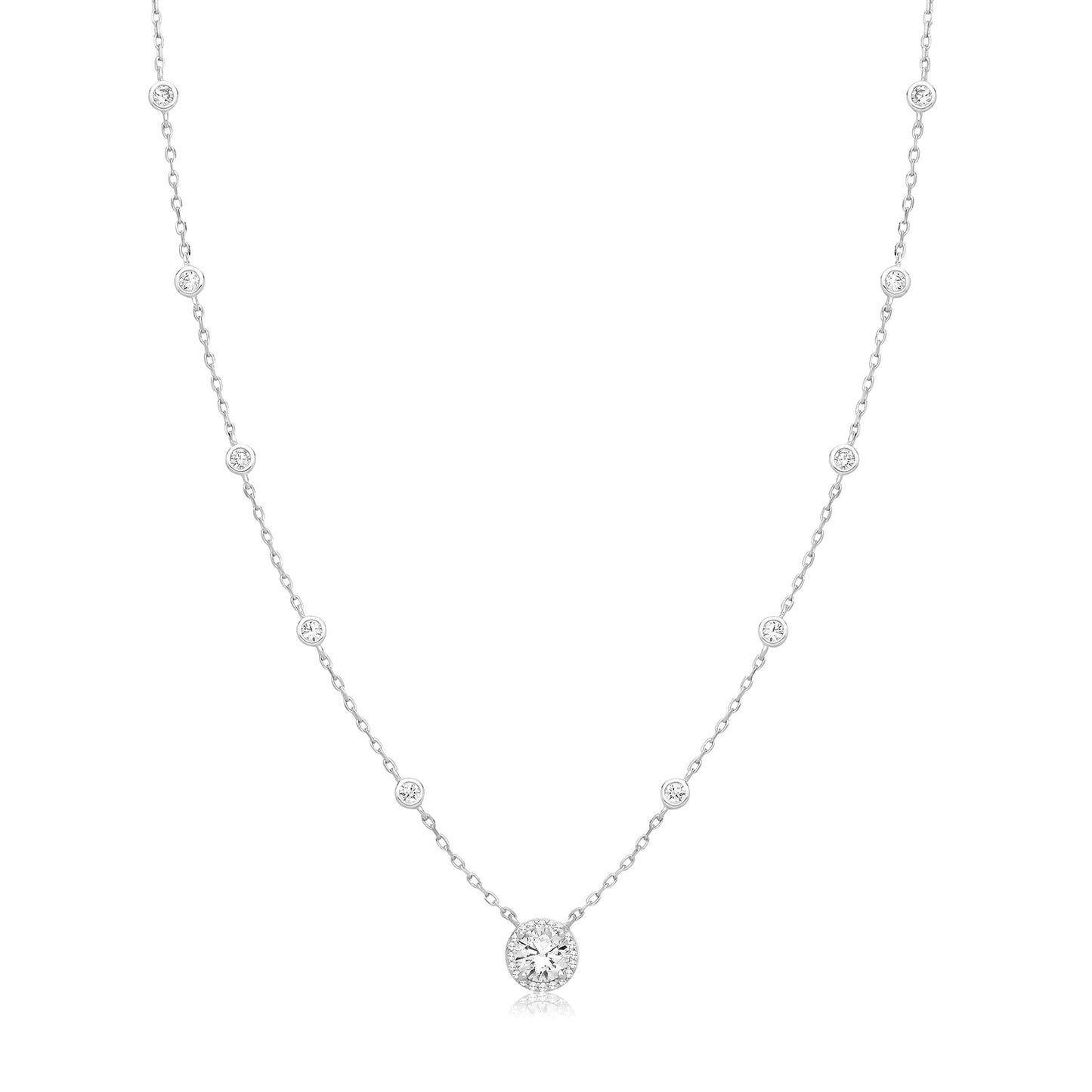 Sterling Silver CZ Necklet with Halo Pendant