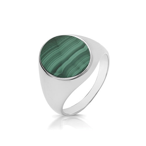 SILVER TRIPLE PLATED OVAL MALACHITE SIGNET RING