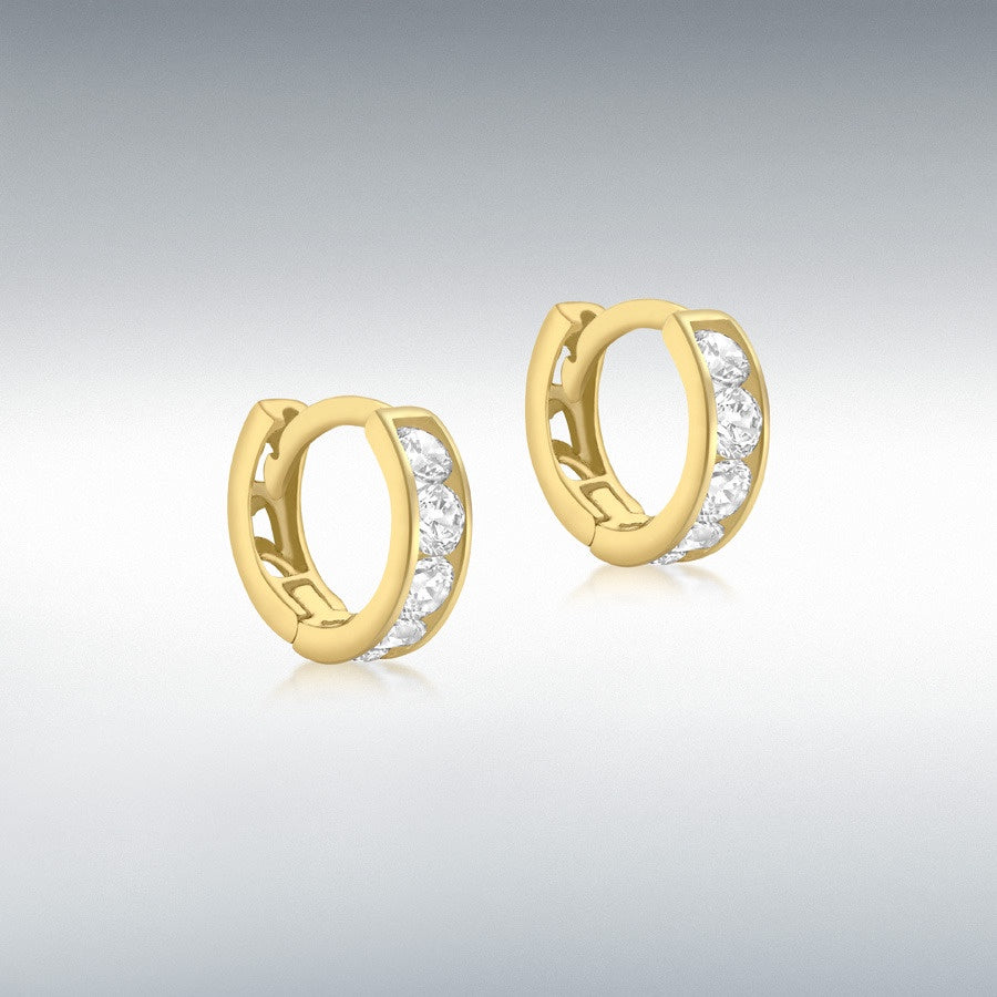 9CT YELLOW GOLD HUGGY EARRINGS 14 X 2MM WHITE CZ 3MM X 9MM