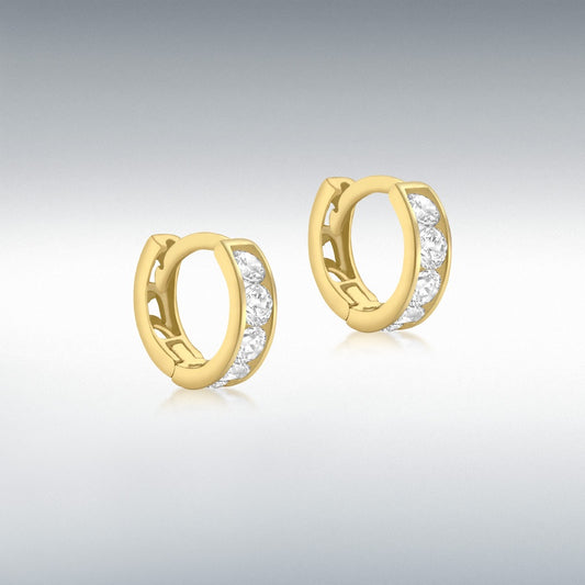 9CT YELLOW GOLD HUGGY EARRINGS 14 X 2MM WHITE CZ 3MM X 9MM