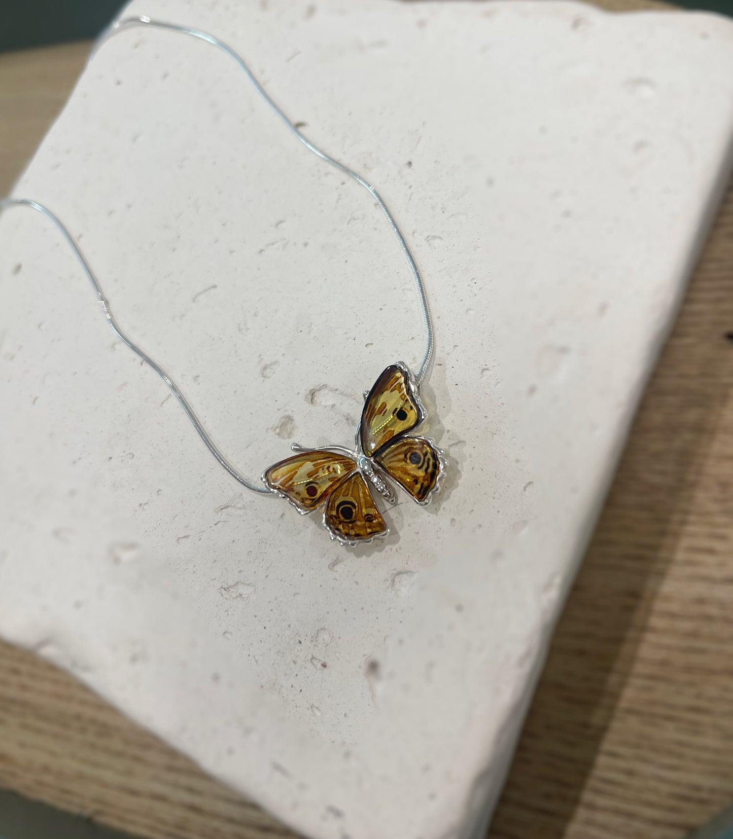 Amber Butterfly Necklace On Fine Snake Chain 20"