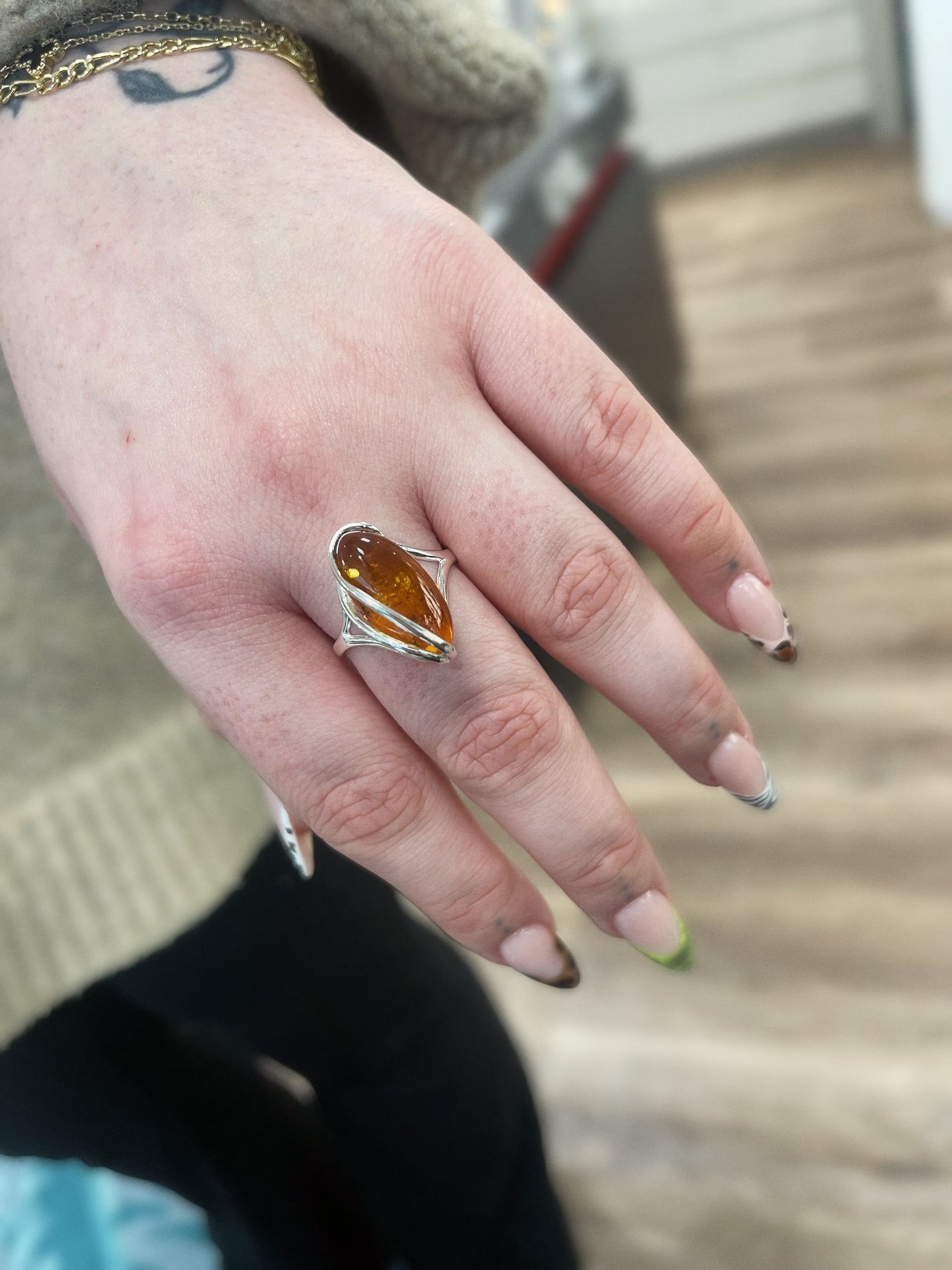 Cognac Amber Ring With Swirl Overlay