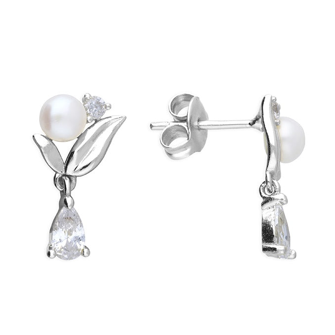 Sterling Silver Delicate Pearl And Cubic Zirconia Stud Earrings