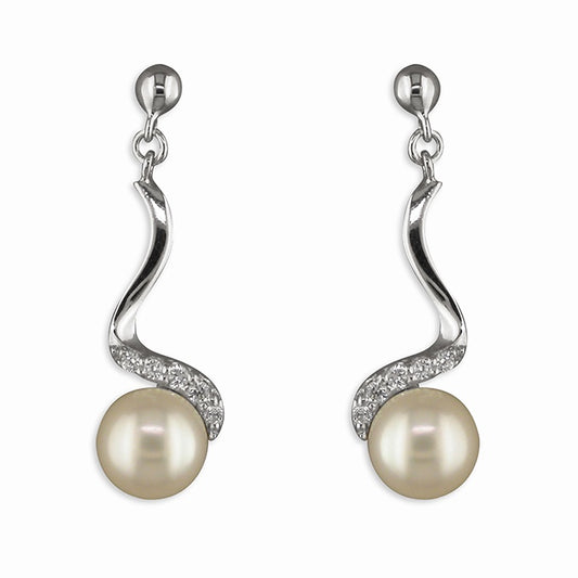 White freswater pearl on cubic zirconia squiggle drop earrings
