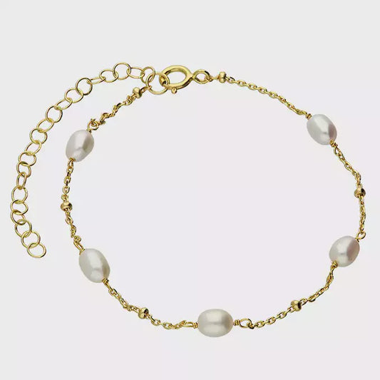 Yellow gold plated 17-21cm freshwater pearl and beaded bracelet