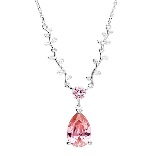 Pink cubic zirconia teardrop leaf  sterling silver necklace