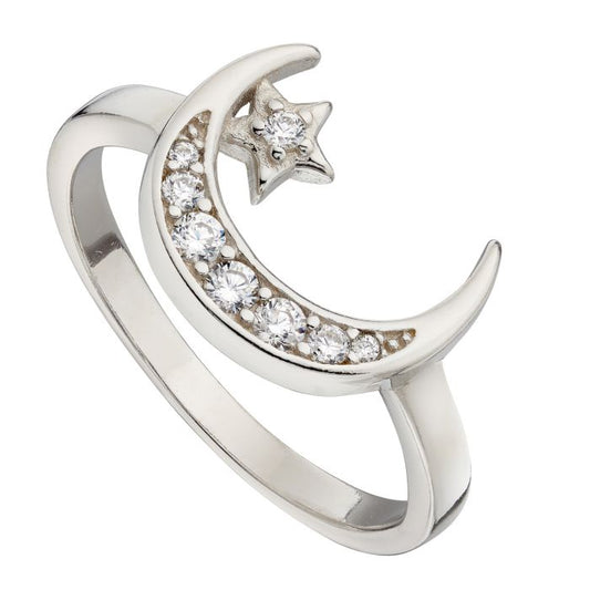Crescent Moon and Star Ring with CZ