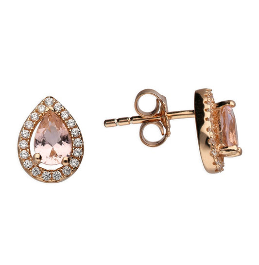 Rose gold plated simulated morganite teardrop with cubic zirconia stud