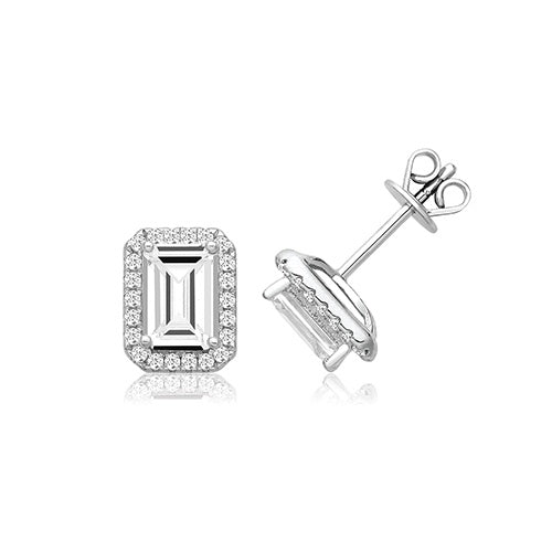 Halo Style Emerald Cut CZ Studs