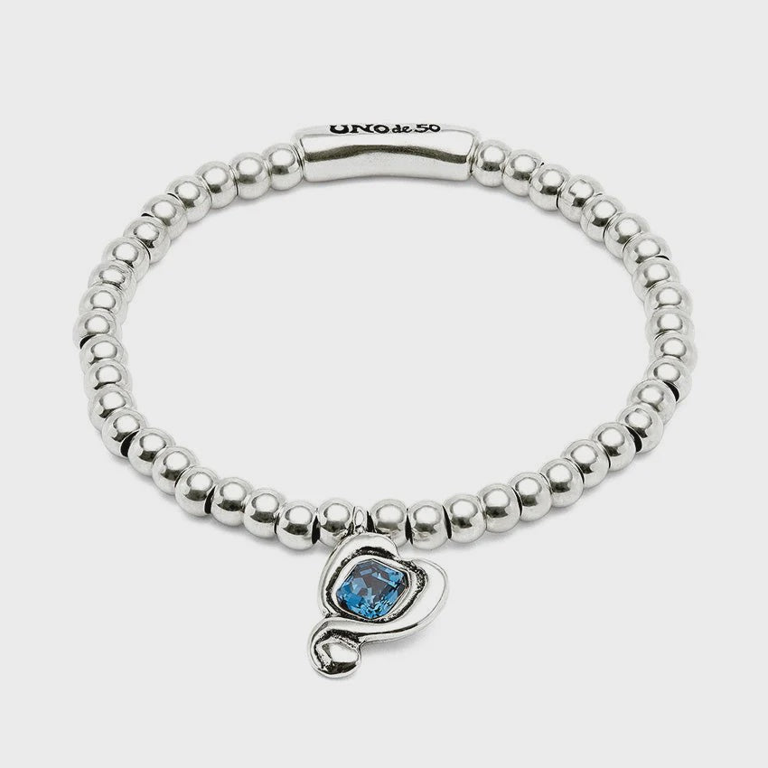 UNOde50 Silver Beaded Bracelet With Blue Crystal Heart