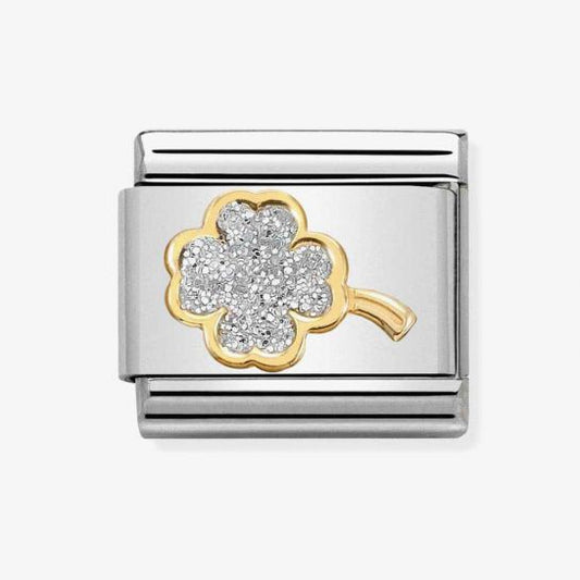 Composable Classic GLITTER SYMBOLS in steel, enamel and bonded yellow gold (03_SILVER four-leaf clover)