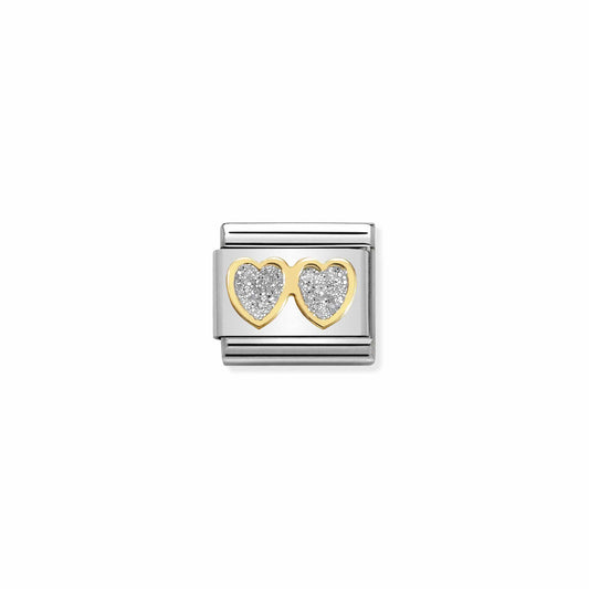 Composable Classic GLITTER SYMBOLS in steel, enamel and bonded yellow gold (01_Double SILVER hearts)