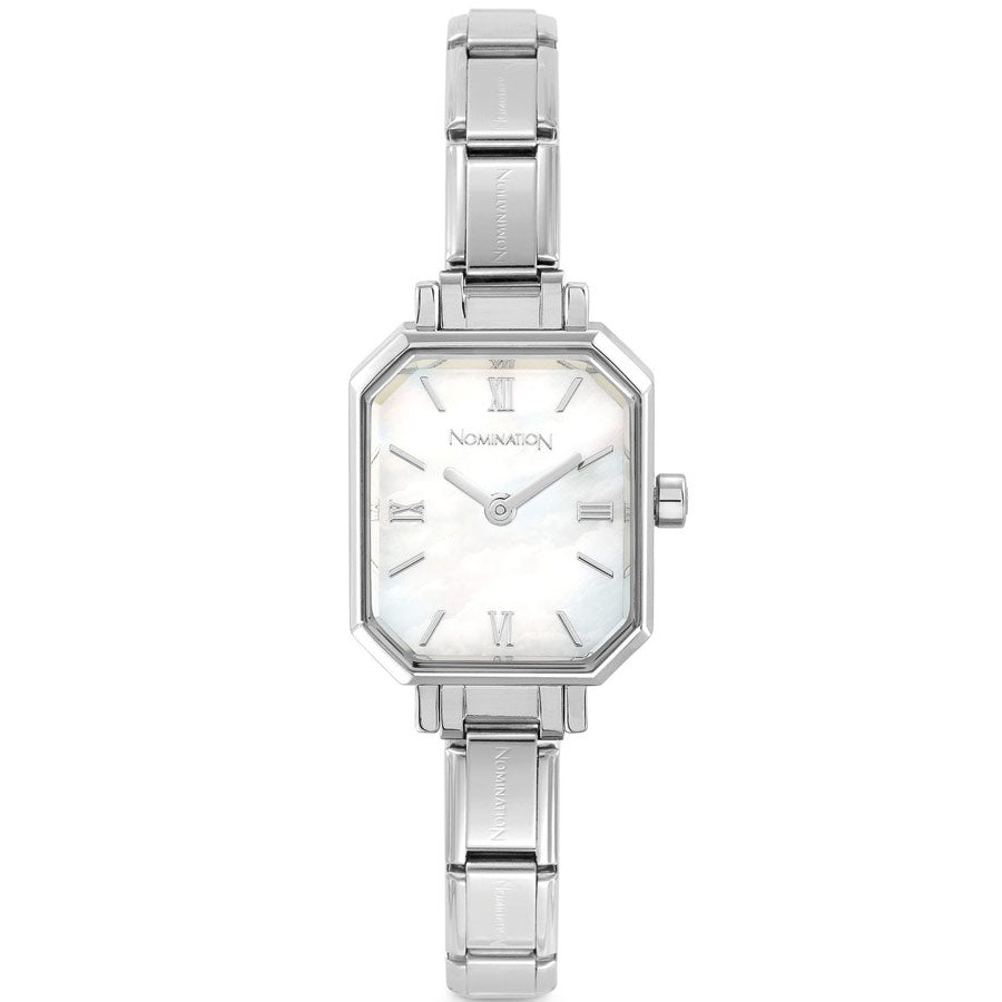 PARIS watch with NEW RECTANGULAR steel strap (008_WHITE mother-of-pearl)