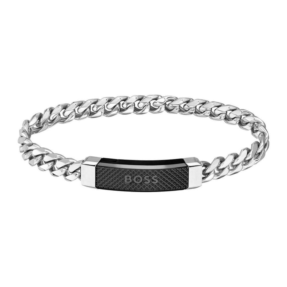 BOSS Steel Chain Black IP Closure Plate Mens Bracelet