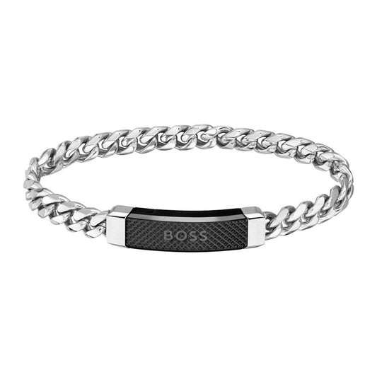 BOSS Steel Chain Black IP Closure Plate Mens Bracelet