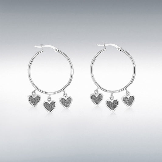 STERLING SILVER 25MM X 37MM TRIPLE-STARDUST-HEART HOOP CREOLE EARRINGS