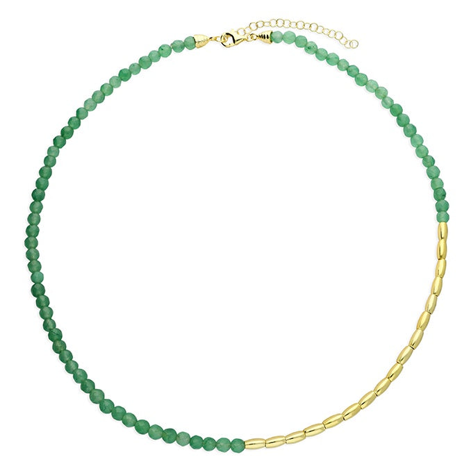 Yellow gold-plated seed chain and Green quartz Necklace