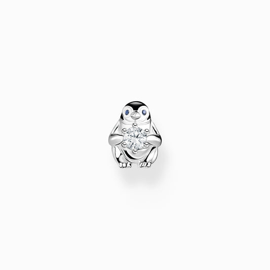 Single ear stud penguin with white stone silver