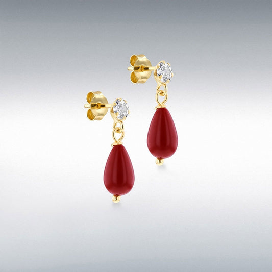 9CT YELLOW GOLD RED STONE WITH CZ DROP EARRINGS