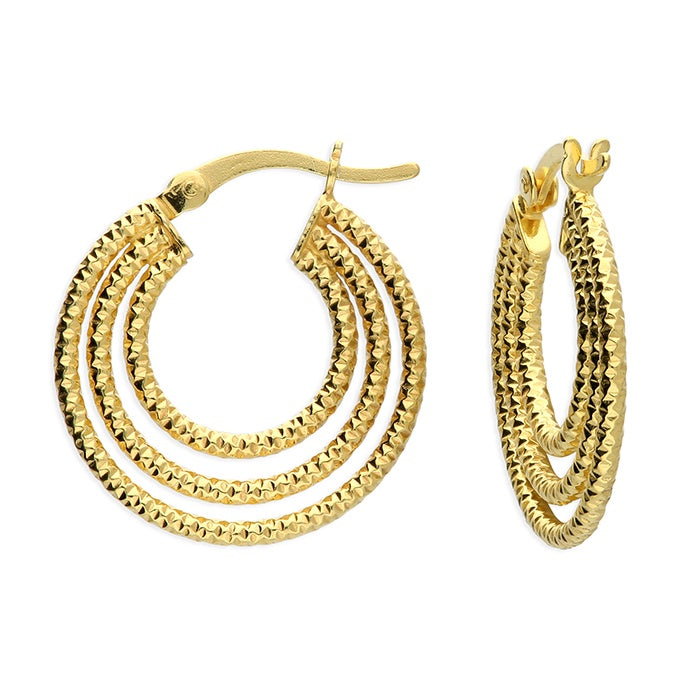 Gold Plated Triple diamond cut tube creole hoops