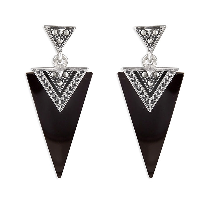 Black agate and marcasite triangles drop earrings