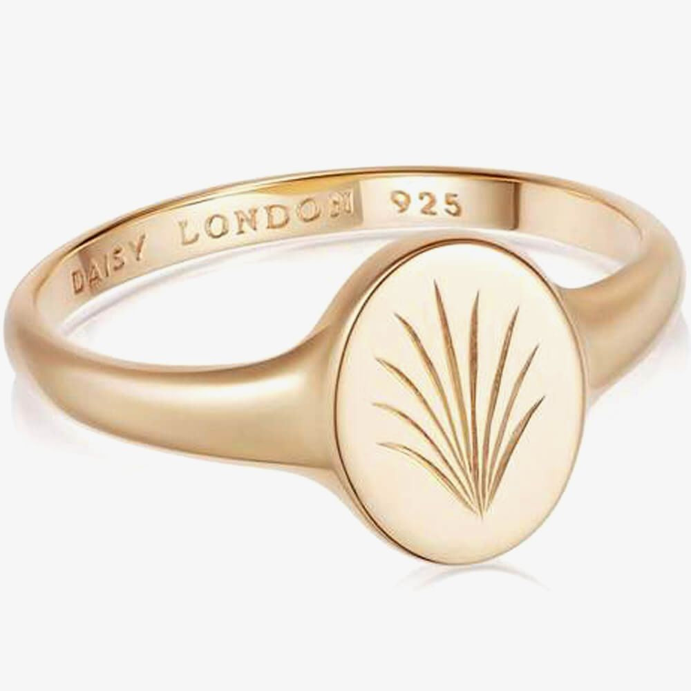 Palms 18ct Gold Plated Palm Leaf Signet Ring Size Med